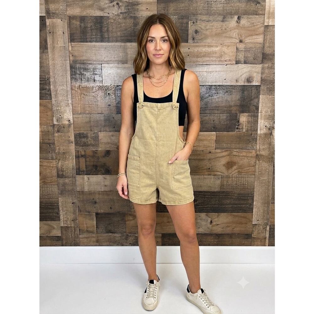 NWT Zenana Khaki Adjustable Knot Strap Denim Shortall Romper, size M